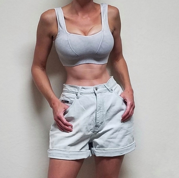 VINTAGE Route 66 Bleached Stone Wash Extra High Rise Cuffed Denim Booty Shorts - Picture 2 of 12